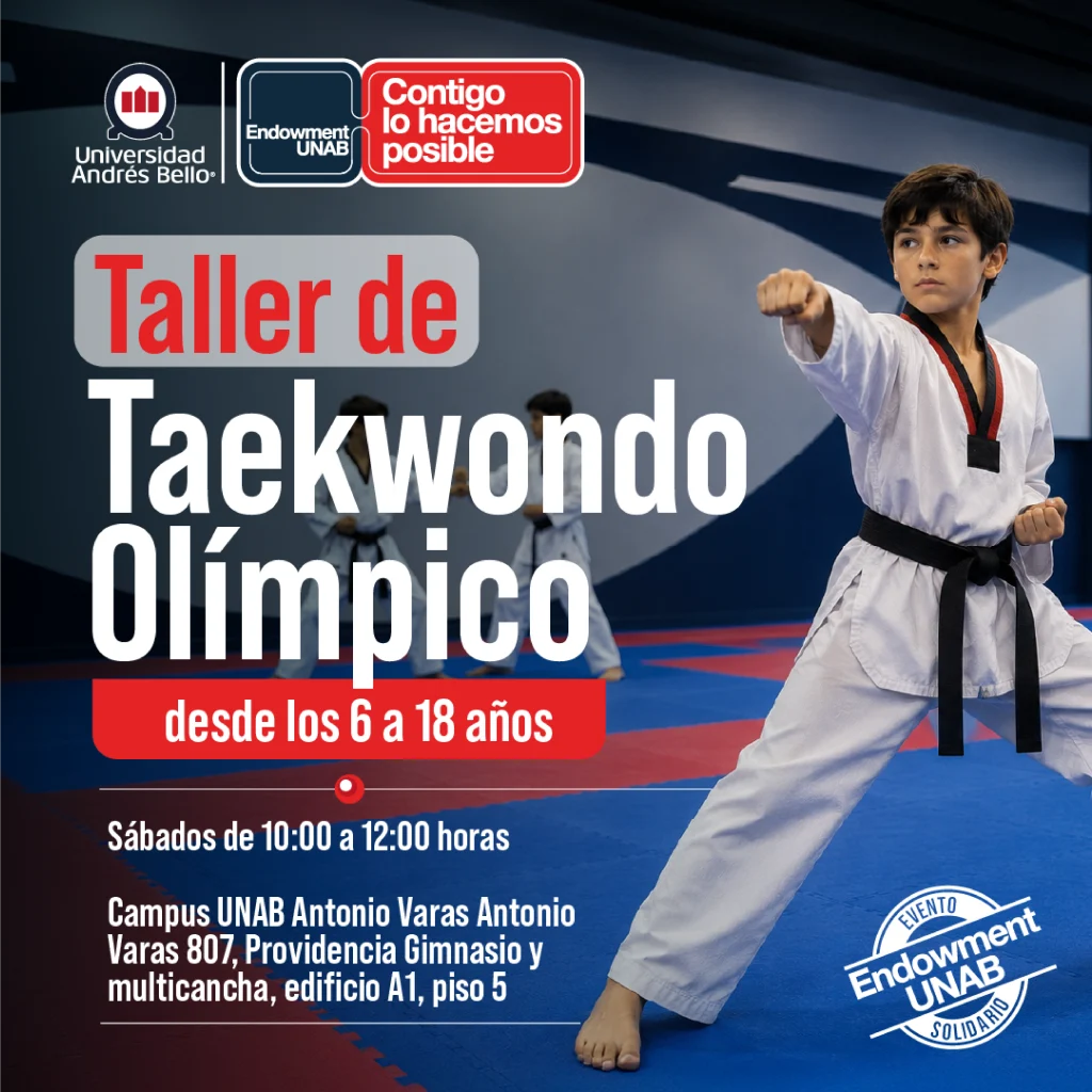 Poster promoting taekwondo workshop for youths, with logos and a student in a white uniform performing a kick.